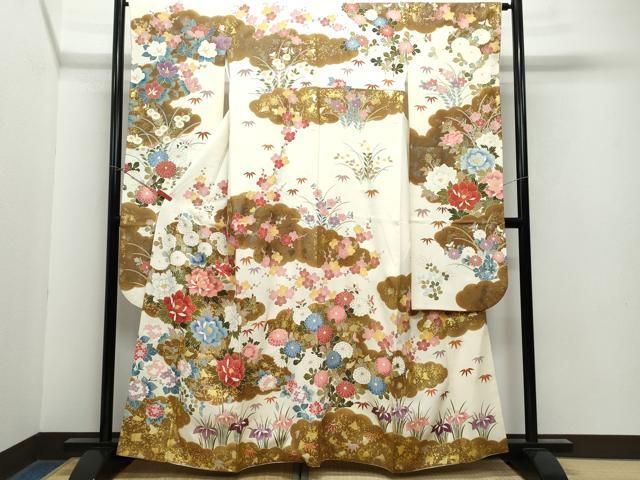 平和屋着物●豪華振袖 草花文 金彩 正絹 CAAY2932vf
