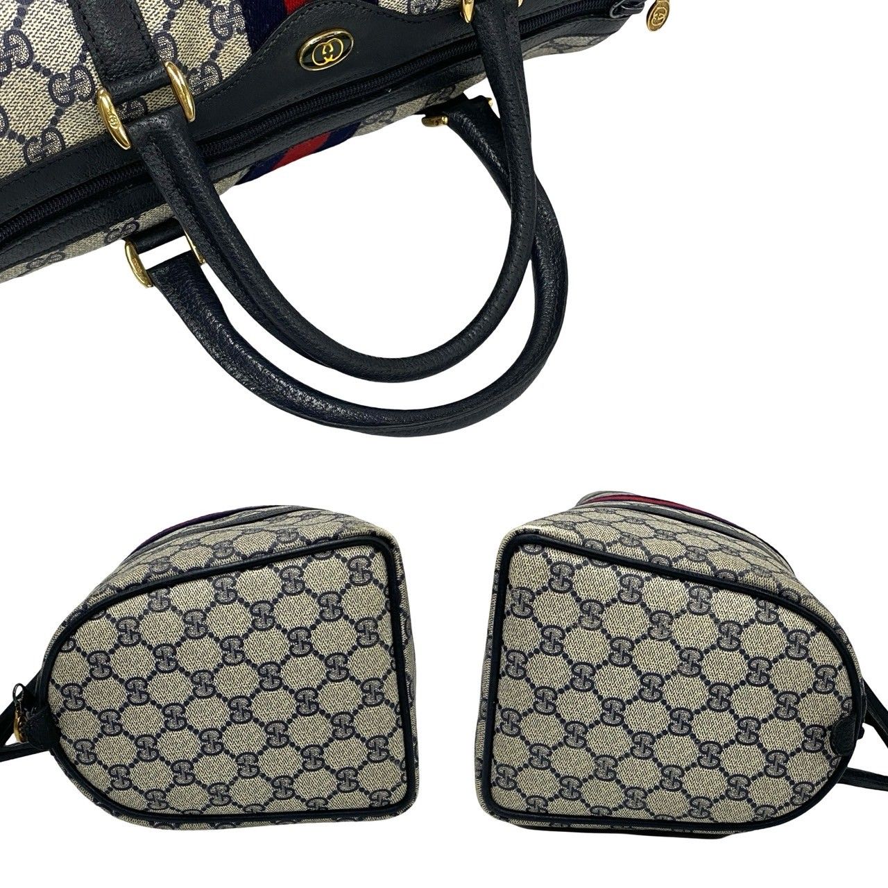 GUCCI - 極 美品 GUCCI グッチ オールドグッチ シェリーライン ロゴ 金具 レザー 本革 トートバッグ ハンドバッグ ネイビー レッド  83-10の通販 by Trip Used & Vintage｜グッチならラクマ