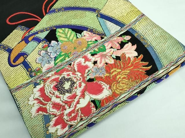 平和屋本店■最高級　龍村平蔵製　丸帯　玉たれの花錦　黒地　金糸　逸品　DZAA5851kh5 平和屋本店□最高級 龍村平蔵製 丸帯 玉たれの花錦 黒地 金糸 逸品