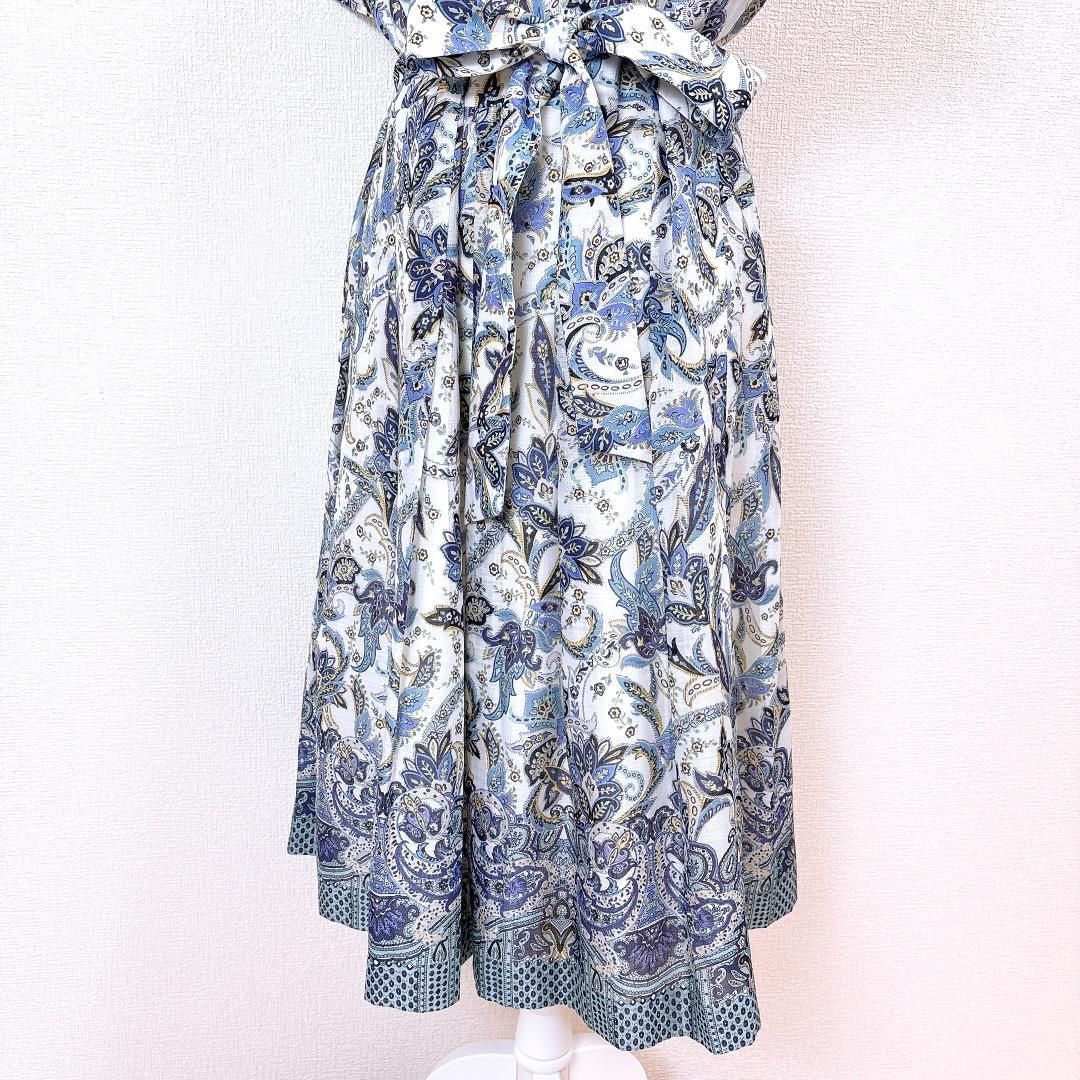 美品】レリアン 半袖ブラウスワンピース ウエスト紐 13+ 花柄 白×水色