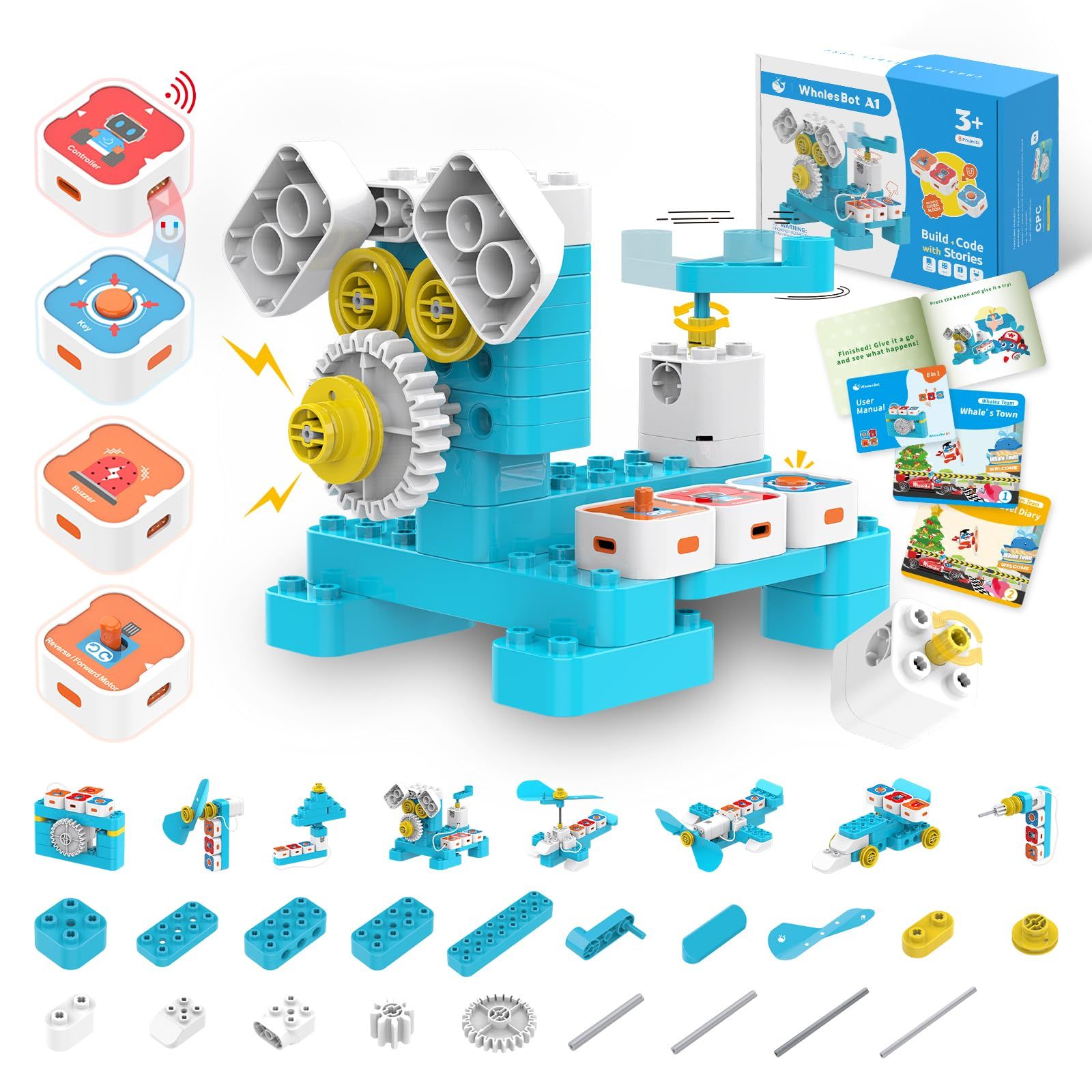 WhalesBot A1 プログラミングロボット キット 8-in-1 初心者向け 36歳対象 おもちゃ コード 知育玩具 STEM教育 コーディング 工作キット マグネットブロック センサー 日本語説明書付き 男の子 女の子 3歳 4歳 5歳 6歳