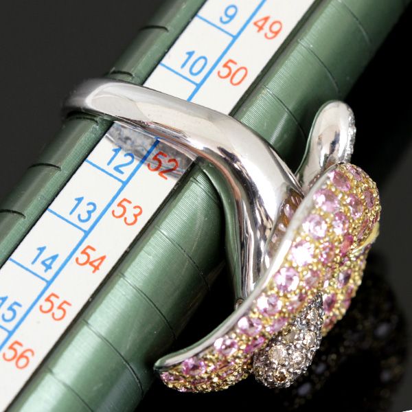 美品『USED』 K18 アンスリウムデザイン リング・指輪 ピンクサファイア 2.60ct 9.6g 11号
