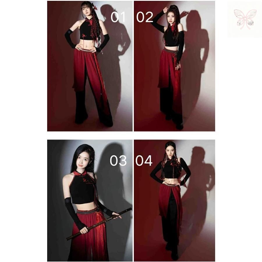 赤 黒 中華風 ダンス衣装 大人 セットアップ レディース k-pop へそ出し トップス ダンス パンツ おしゃれ ヒップホップ ジャズ 古典 社交 LLC-HASEGAWATOSO_COM