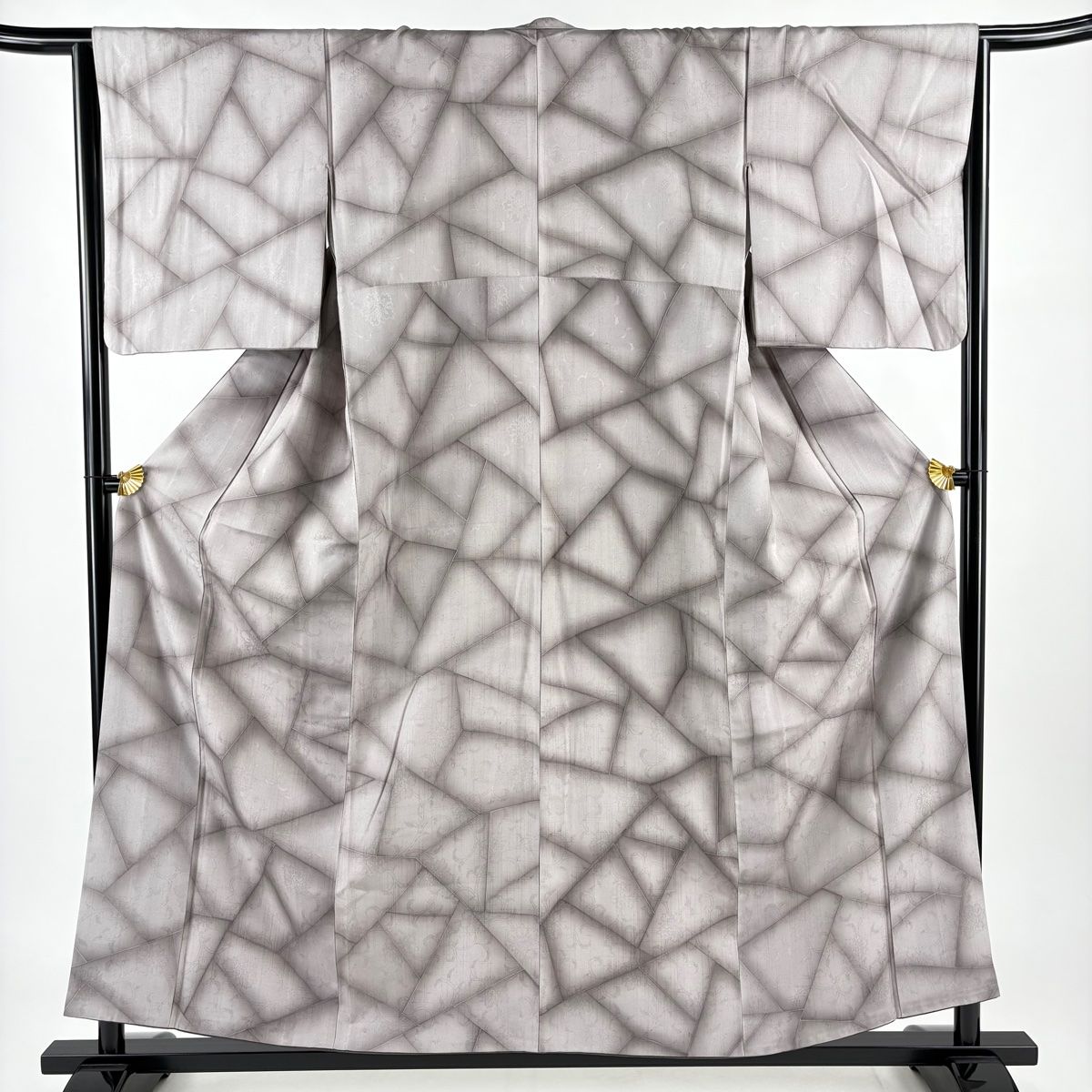 小紋 身丈156cm 裄丈65cm M 袷 幾何学模様 花唐草 灰色 正絹 秀品