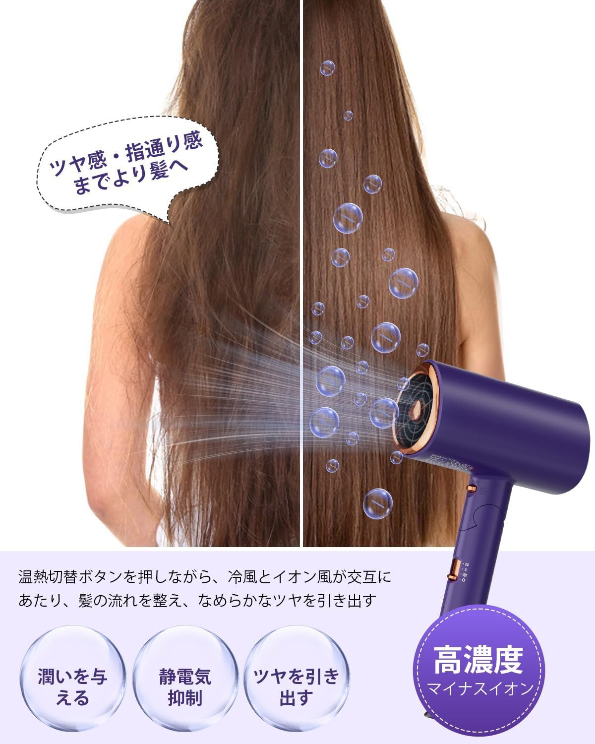 ヘアドライヤー 1200W 大風量 折り畳み式 マイナスイオン サロン級 - 健康