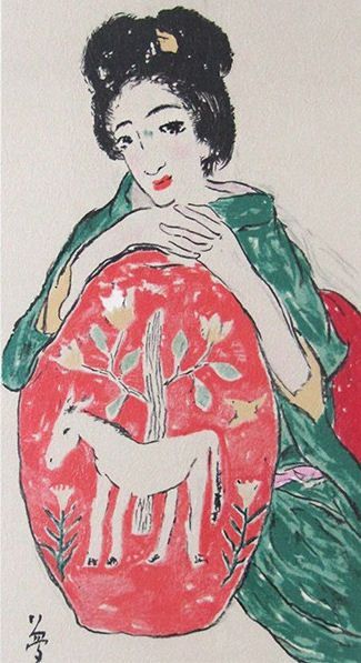 絵画 竹久夢二 「青い衣物の女」 リトグラフ 版画 額付き 美人画