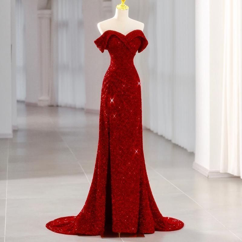 スパンコール オフショルダー 赤 パーティードレス ロングドレス マーメイドドレス 結婚式 二次会 発表会 ウェディングドレス 花嫁 ステージドレス