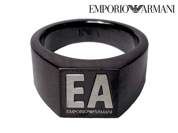 エンポリオ アルマーニ EMPORIO ARMANI EGS2755060 EA ロゴマーク入り ブラック クローム ステンレススチール シグネットリング 印台 指輪 23号サイズ