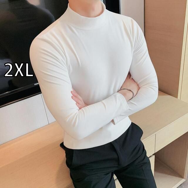 [2XL]春 コーデ メンズ  服 シンプル ファッション オシャレ 大人 かっこいい 大きいサイズ ストリート 紳士服  ハーフ タートルネック T シャツ 長袖 厚手 レイヤリング フィット ミッド カラ