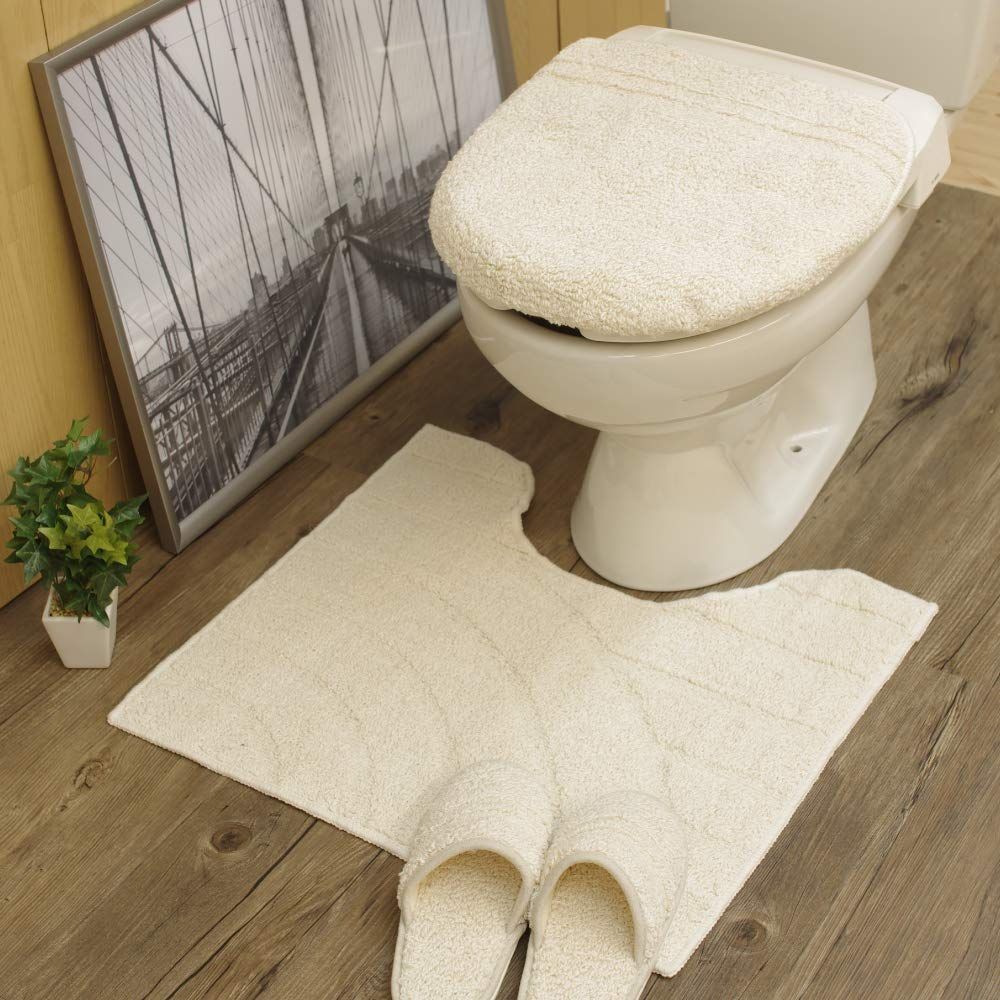 トイレタリー 4点セット コットンリッジ アイボリー 綿 滑り止め | トイレマット ５５ｃｍ×６０ｃｍ トイレふたカバー スリッパ トイレットペーパーホルダー 洗える おしゃれ かわいい 綿 コットン 足元 足下 マ
