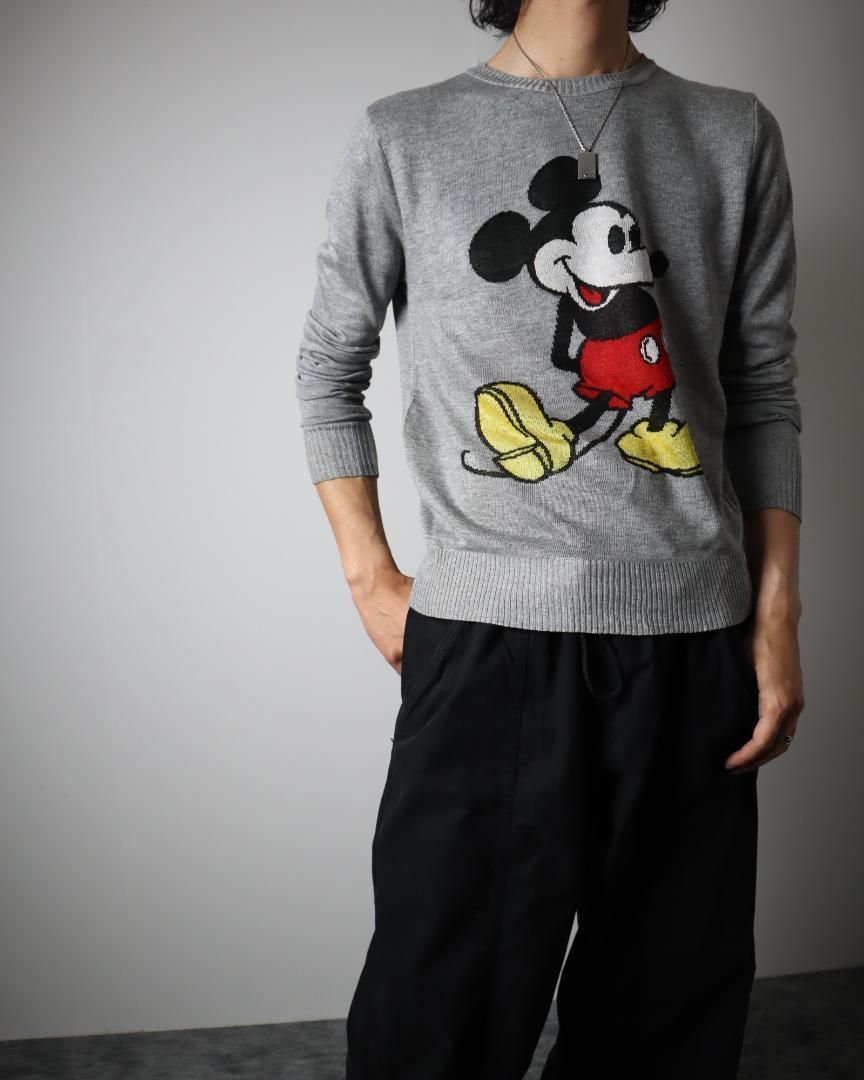 【Disney】オールド ミッキー デザイン 薄手 ニット セーター グレー