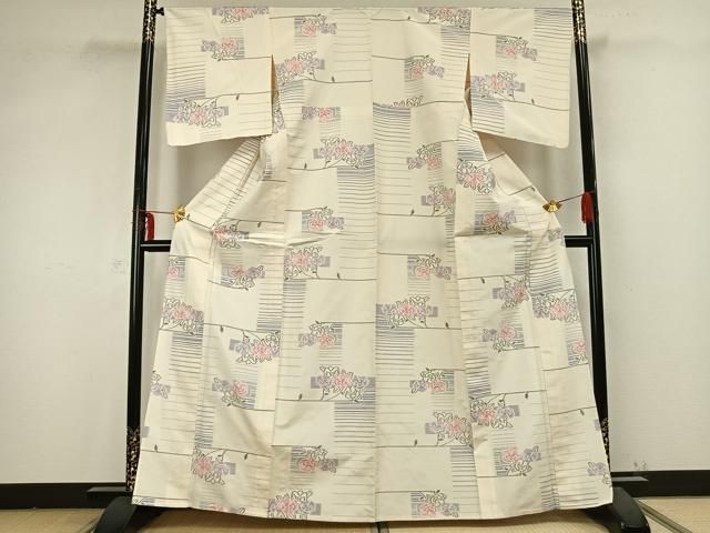 平和屋着物 上質な紬 単衣 草花文 正絹 AABB2184fy