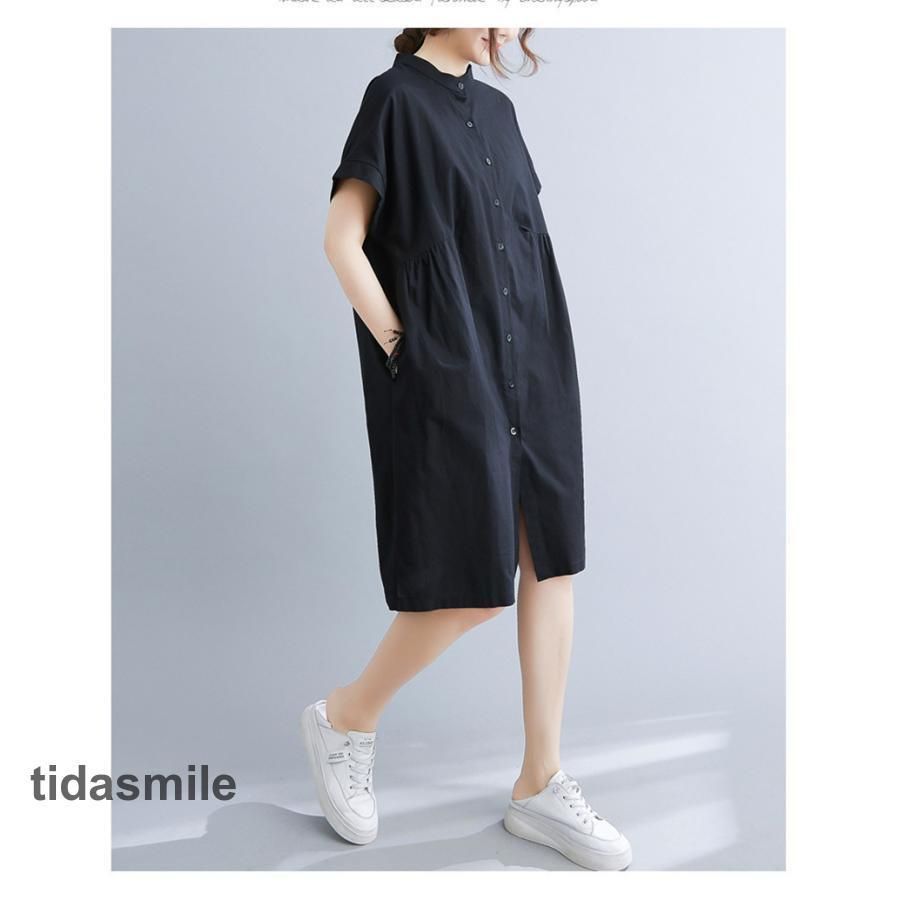 ワンピース チュニック シャツワンピース ロングシャツ 無地 半袖 レディース uネック 夏 白シャツ ホワイトシャツ 膝丈 ロング aライン 体型カバー 30代 40代