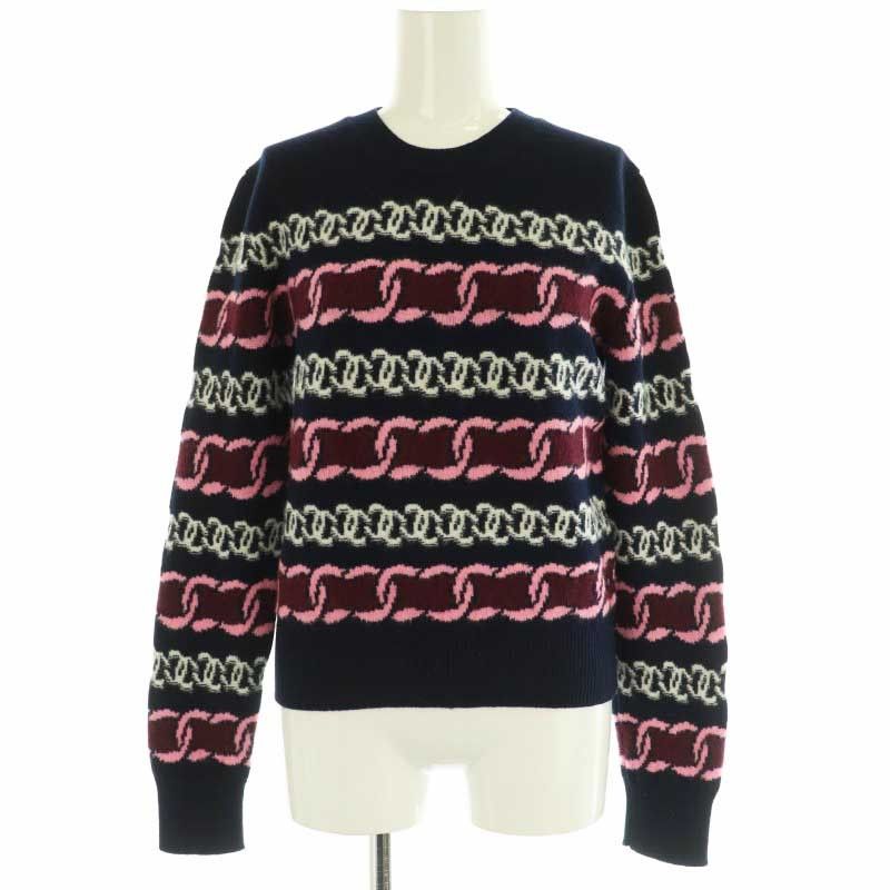 シャネル CHANEL 23AW チェーン柄ニット セーター 長袖 ココマーク カシミヤ シルク混 ウール混 34 紺 ピンク 白 P75775K10913 |NR OS