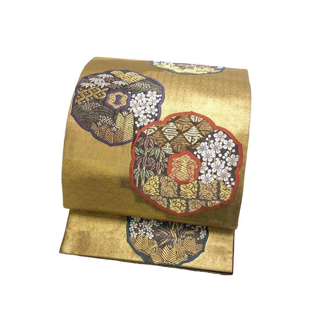 袋帯 岩井友見創作 九宝吉祥織 花柄模様 金色 O-4864 - メルカリ