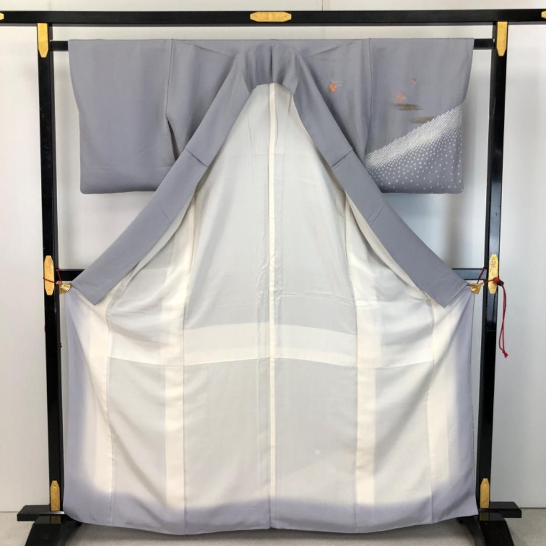 付下げ 刺繍 紅葉に銀杏 松葉 鹿子絞り 薄鈍色 金彩 K-5276