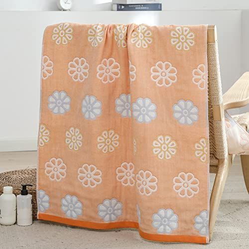 八葉菊 オレンジ_70x140cm Vanxing バスタオル ガーゼ 湯上げタオル 天然綿 肌に優しい 赤ちゃんも安心 吸水速乾 通気 かわいい 抗菌防臭加工 リバーシブル 2枚セット 大判 70x140cm 八葉菊 オレンジ