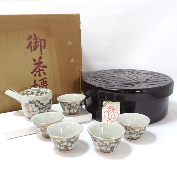 九谷焼 □【和食器】九谷焼/レトロ 茶櫃付茶器揃(急須 湯呑5) 茶道具 