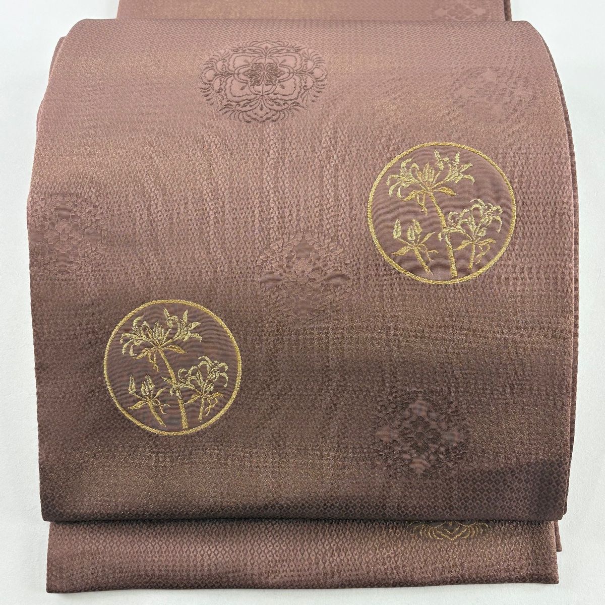 袋帯 美品 秀品 草花 霞 金通し 茶紫 お太鼓柄 正絹 【中古
