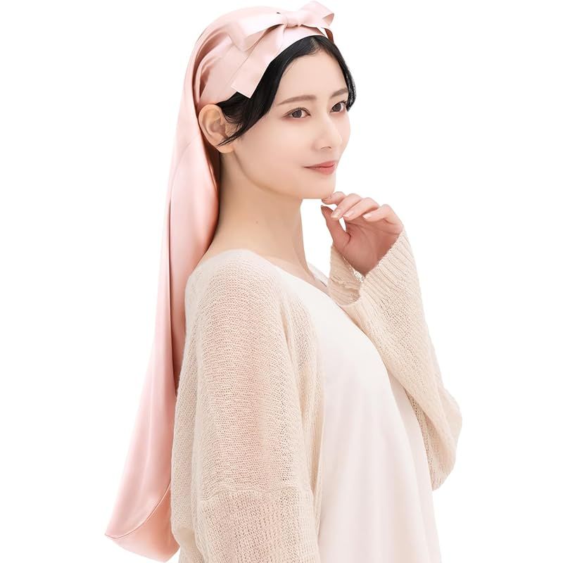 [COCOSILK] シルク ナイトキャップ ロングヘア用 シルクキャップ 筒型 ナイトキャップ ロング 前結び リボン 髪 シルク100% 筒 ロングヘア 筒状 ヘアキャップ (75cm， Free，ライトピンク)