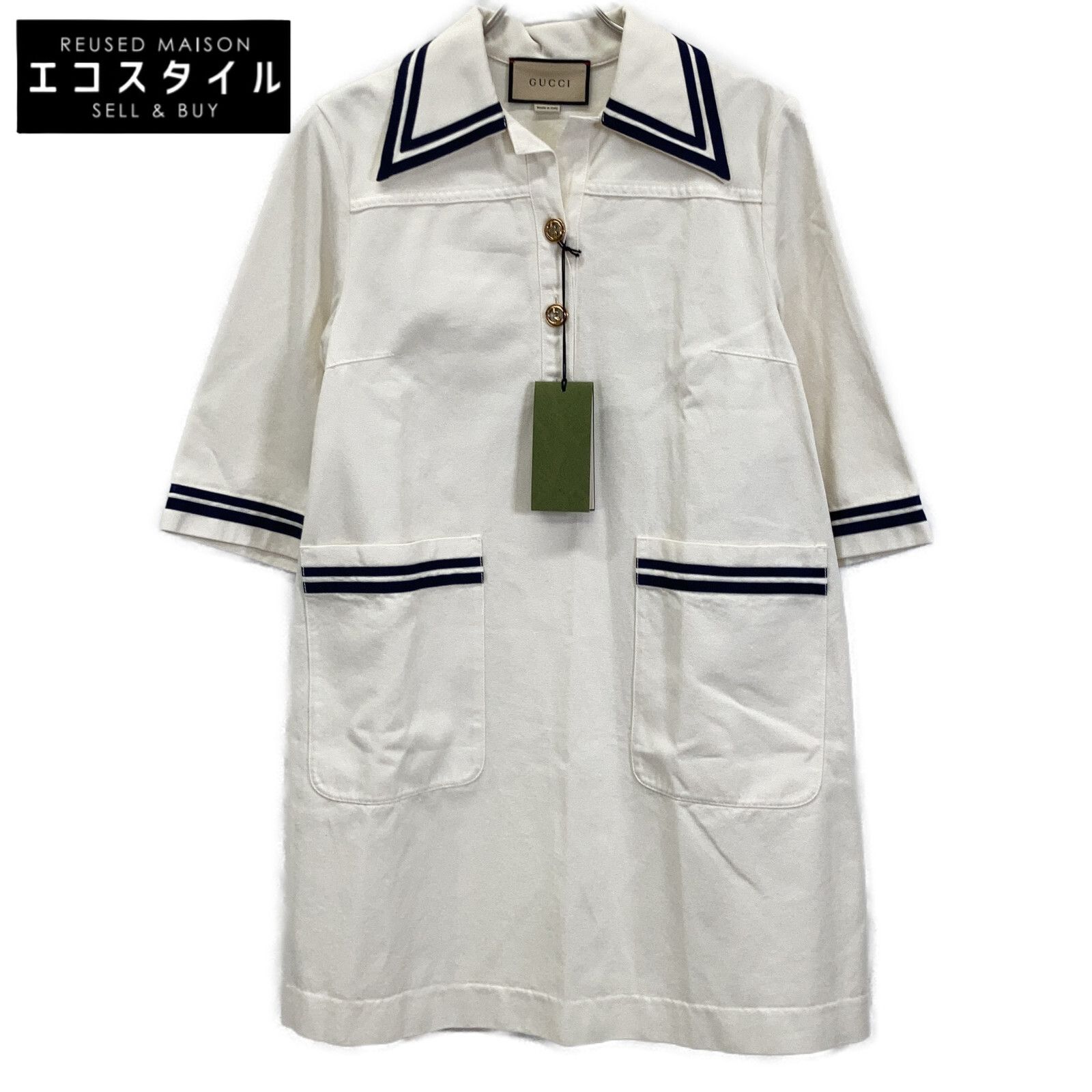 GUCCI グッチ 691890 ﾎﾜｲﾄ×ﾈｲﾋﾞｰ ｾｰﾗｰﾃﾞｻﾞｲﾝﾃﾞﾆﾑﾜﾝﾋﾟｰｽ 38