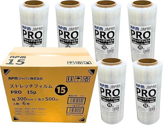 キャンプ用品 まとめ売り 箱売り】APM PRO 梱包用 ストレッチフィルム 本物 15μ 300mm×500m 6巻