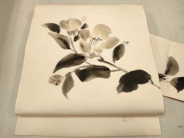 平和屋着物◎九寸名古屋帯 手描き 枝花霞文 銀糸 銀彩