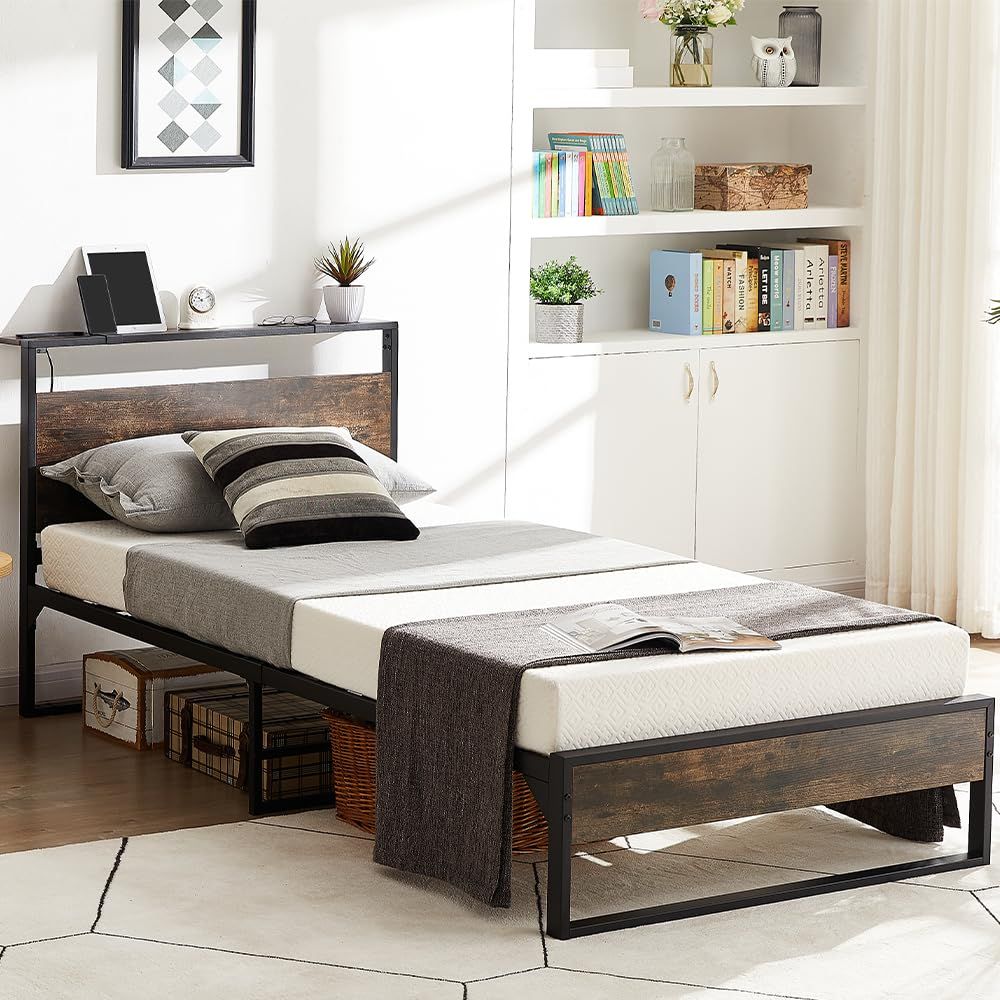 bed frame スチールベッドフレーム 組立簡単 宮棚 静音 金属製ベッド semi 通気性 耐久性 耐荷重300Kg 2口コンセント1USB付き 収納棚付き 子供寮 パイプベッド ベッド セミダブル Diurwurベッドフレーム