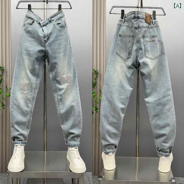 メンズ ファッション 服 男性用 オシャレ シンプル 大人 かっこいい ストリート  夏 ライト ブルー リップド ジーンズ スリム フィット スキニー 快適 ロング パンツ ズボン 履物 