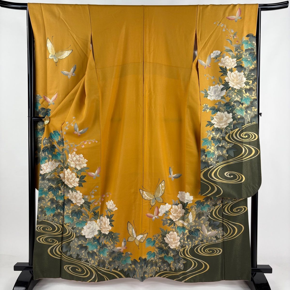 振袖 身丈162cm 裄丈65cm M 袷 牡丹 流水 金通し 金糸 山吹色 正絹 名品