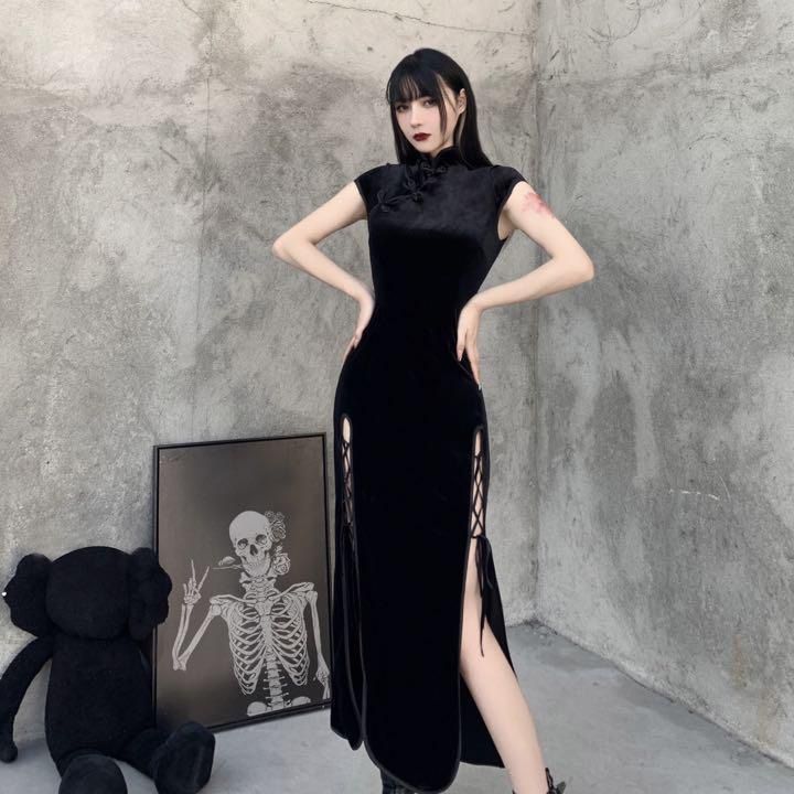 チャイナドレス チャイナ服 黒 ロング 衣装 仮装 ハロウィン 厚手