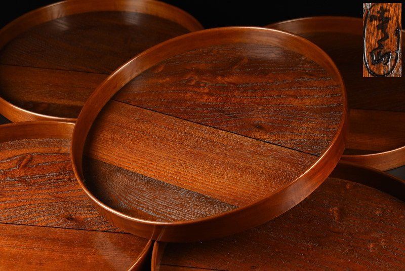 蔵A3288e 指物師 丸盆 吐月庵 三種類の木 36㎝