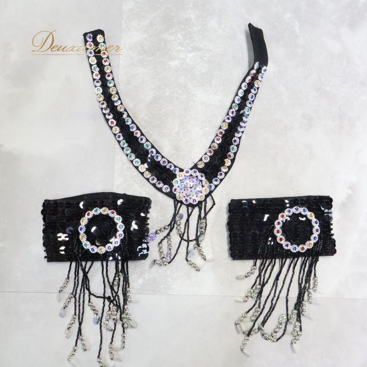 ベリーダンス オリエンタル 衣装 セット ブラック系 黒 シルバー ビーズ スパンコールラメ ラインストーン トップス ベルト 発表会 舞台 イベント ベリーダンス衣装 コスチューム パフォーマンス ダンスイベント セット LLC-HASEGAWATOSO_COM