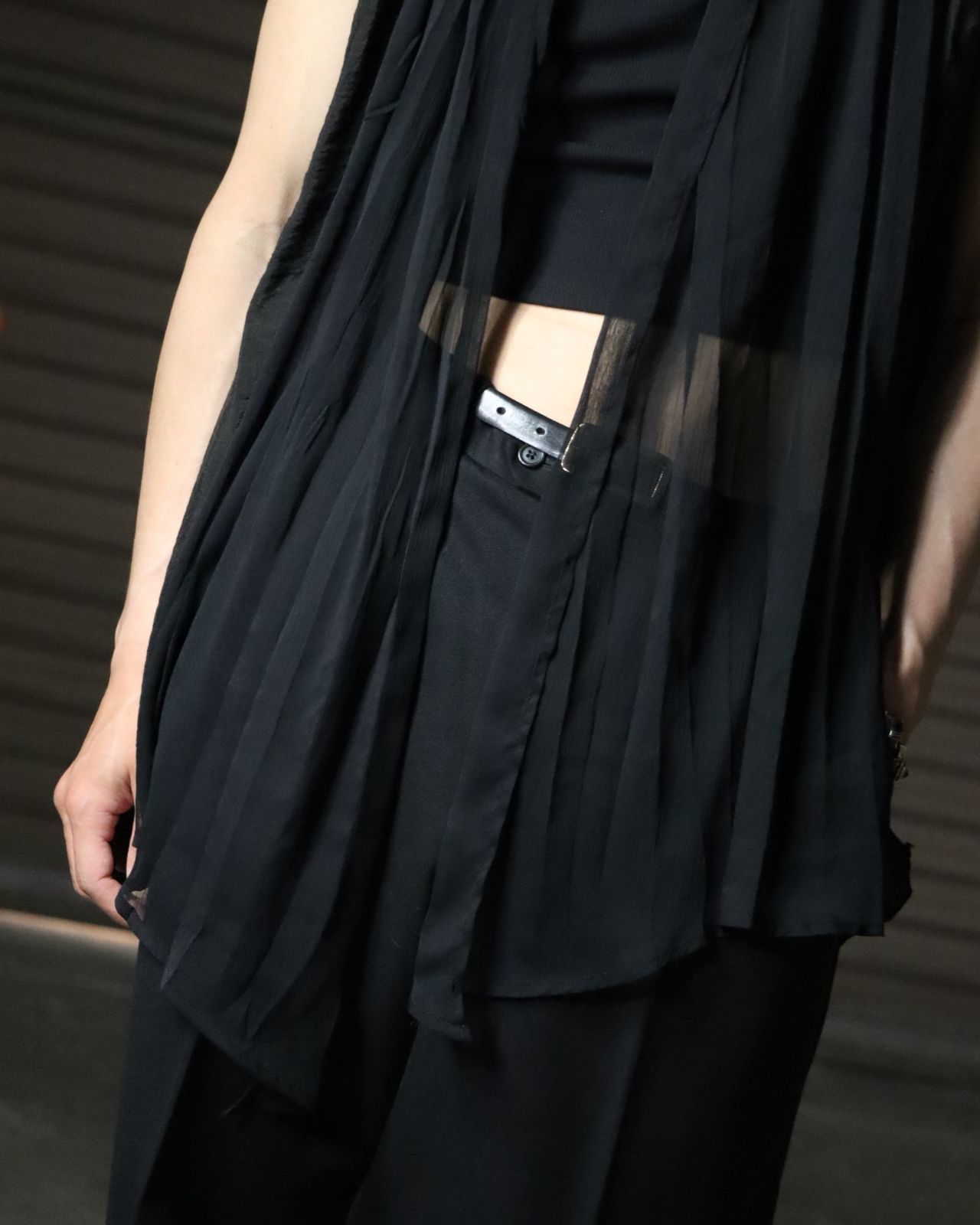00s ランダムプリーツ シアー シースルー ノースリーブ カーディガン 黒 pleated sheer sleeveless cardigan black 90s 00s ランダムプリーツ