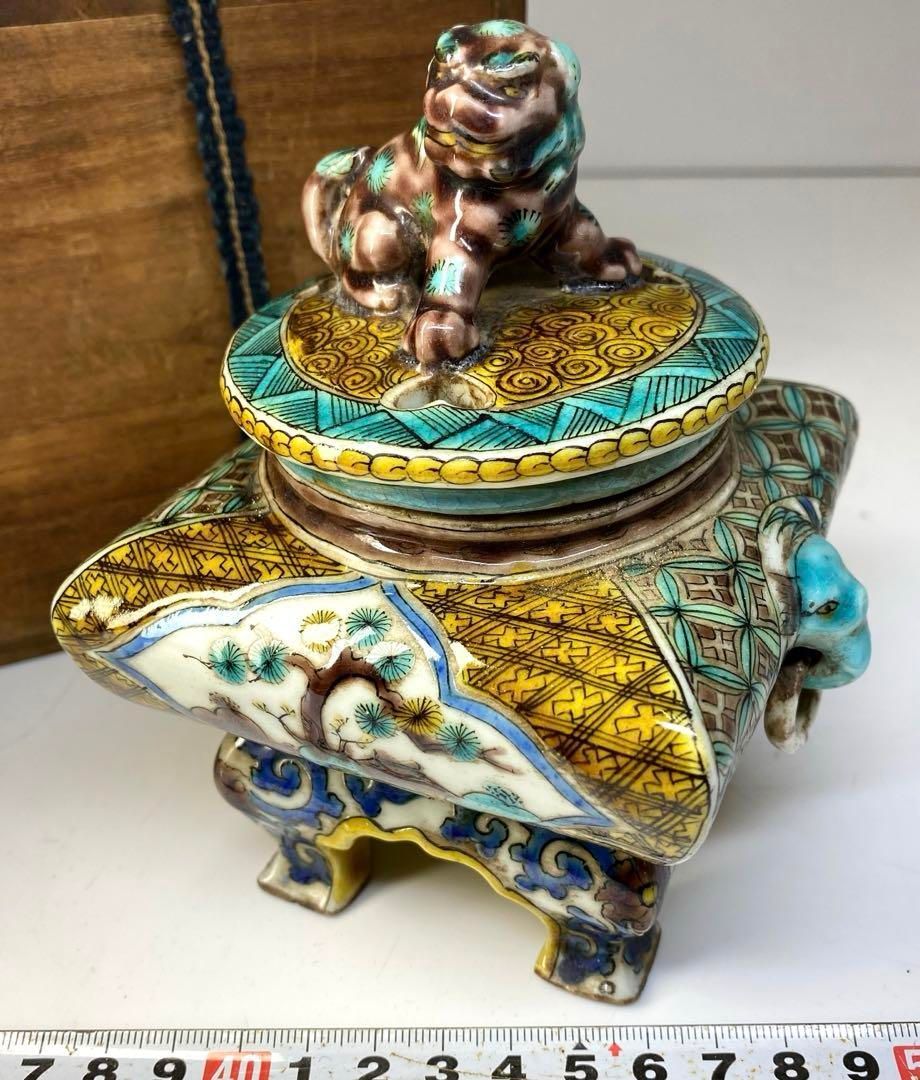 江戸後期 明治 青九谷 獅子香炉 木 高さ14㎝ 東Y6-0723⑤トヒトコ