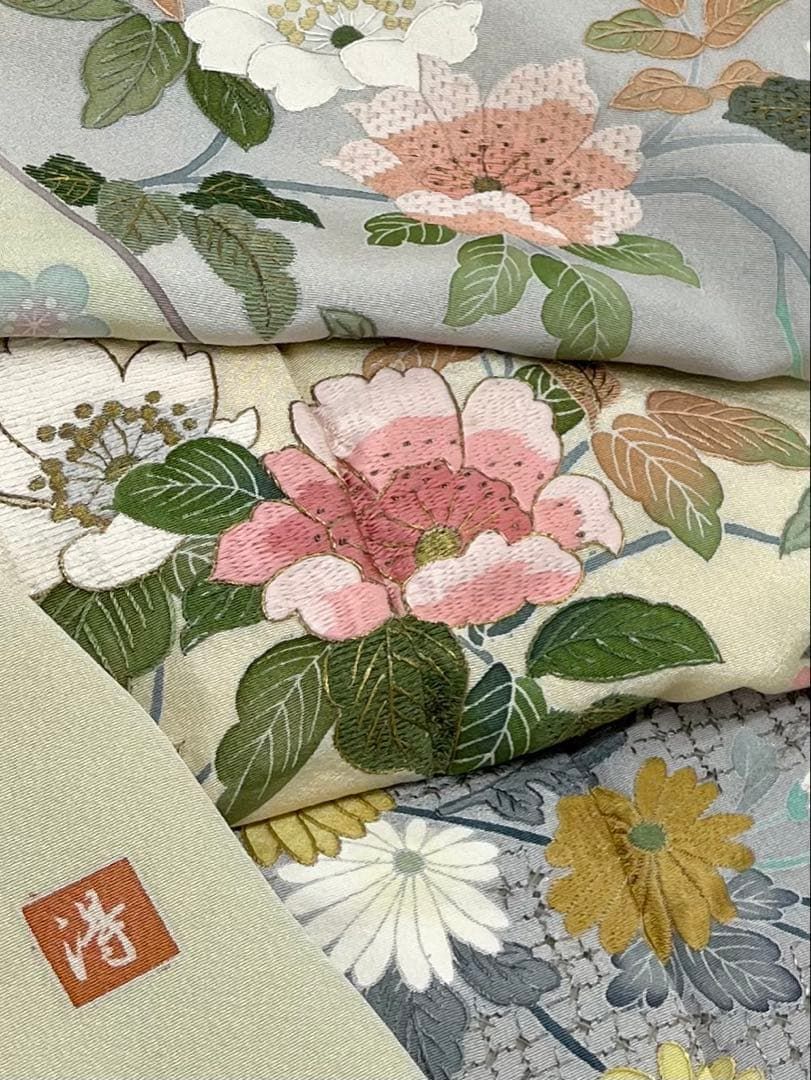 蘇州刺繍 相良刺繍 汕頭刺繍 手描き友禅 訪問着 落款入 正絹 躾糸付き 