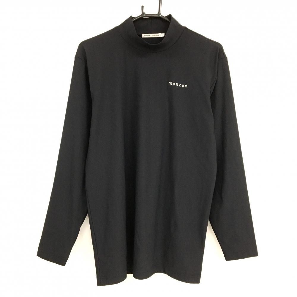 【超美品】モンジー 長袖ハイネックシャツ 黒 胸ロゴ刺しゅう メンズ S ゴルフウェア monzee
