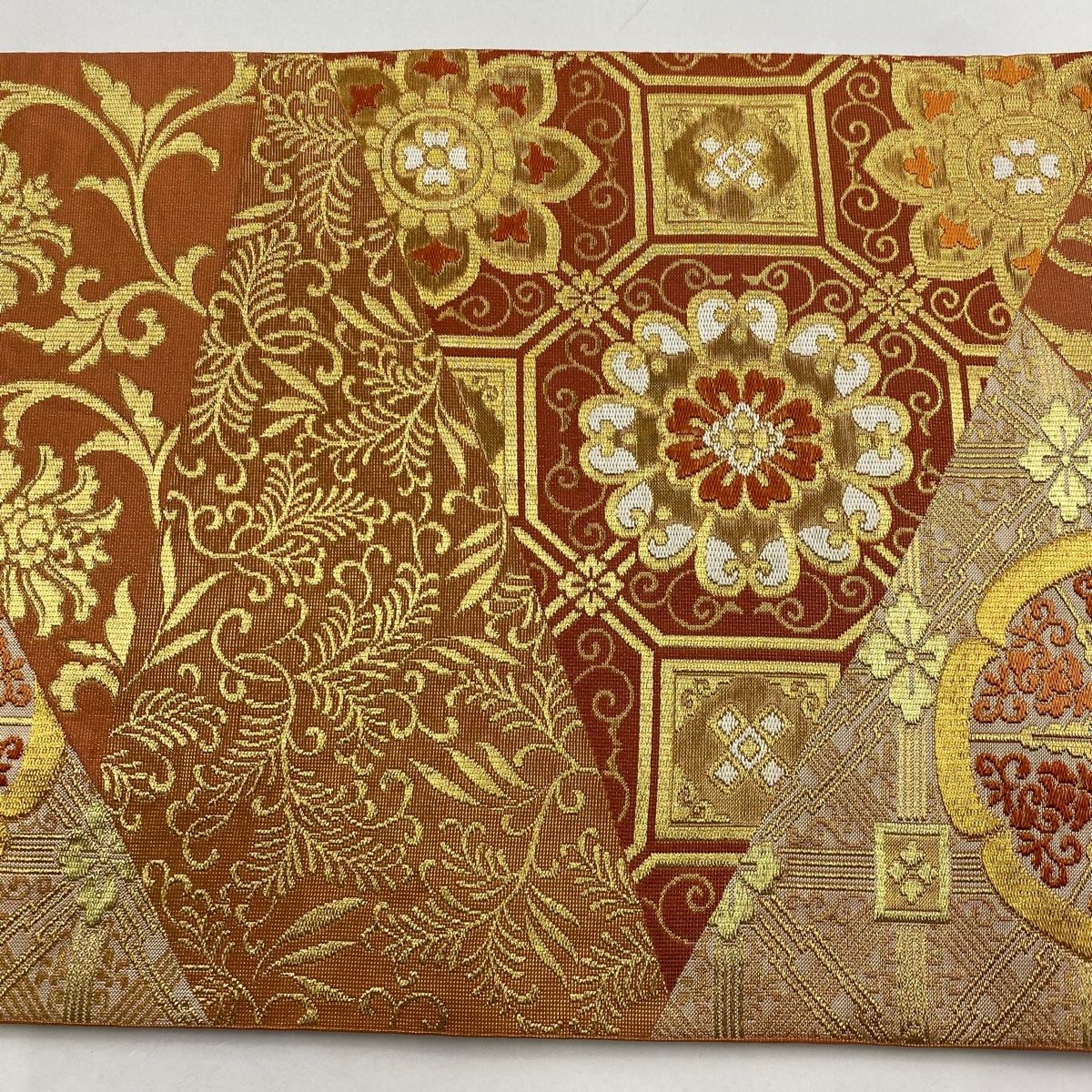 D 花菱唐草模様 花文 唐花 金糸 六通 正絹 フォーマルな袋帯 D 花菱唐草模様 花文 唐花 金糸 六通 正絹 フォーマルな袋帯