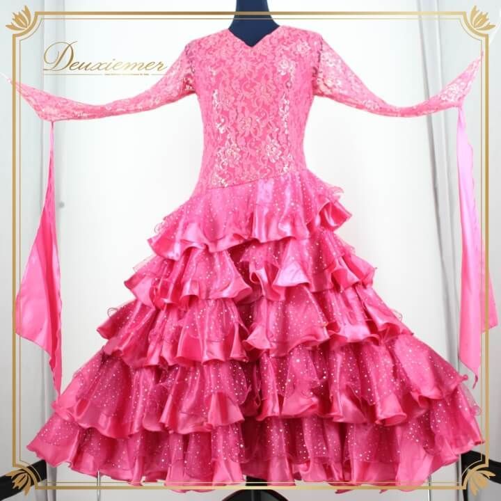 社交ダンス 衣装 ドレス ワンピース レッスンウェア レディース オールシーズン prima boutique プリマブティック ピンク系 キラキラ ホログラム フリル 派手 目立つ フォーマルドレス ダンスウェア パーティードレス 女性用華やか