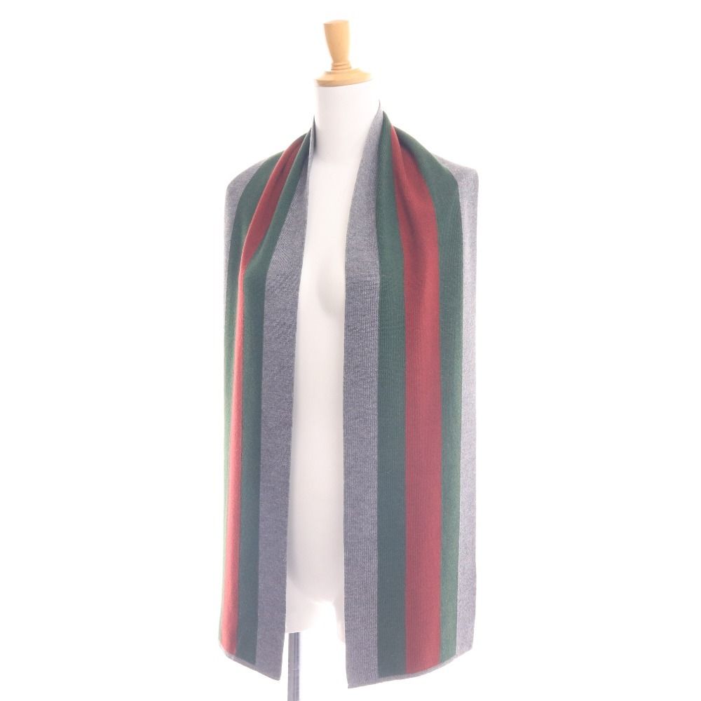 Gucci グレー レッド グリーン ストライプ マフラー Gucci グレー レッド グリーン ストライプ マフラー