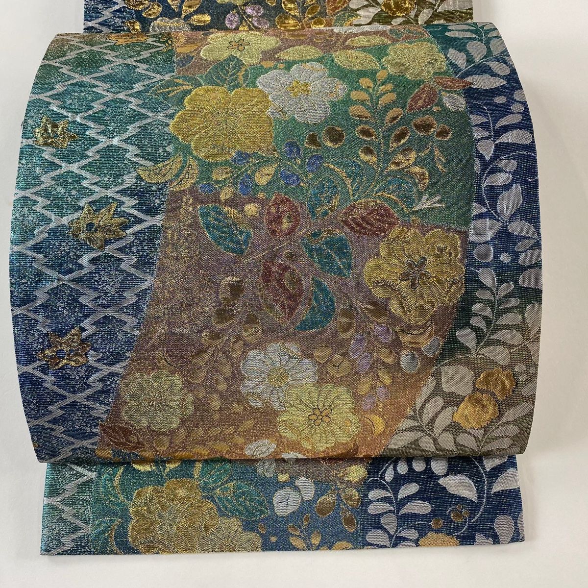袋帯 秀品 辻が花柄 松皮菱 金糸 箔 青緑 六通 正絹