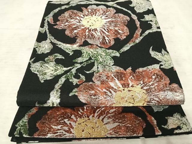 平和屋着物◎六通柄袋帯 更紗花文 黒地 金銀糸 正絹 逸品