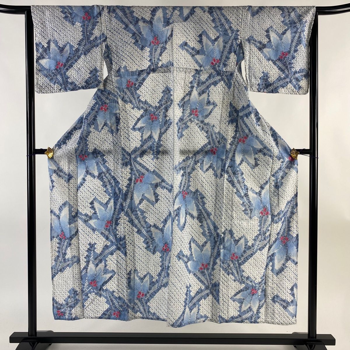 浴衣 身丈152cm 裄丈64cm M 刺々し 絞り浴衣 草花 絞り 青灰色 綿 美品 