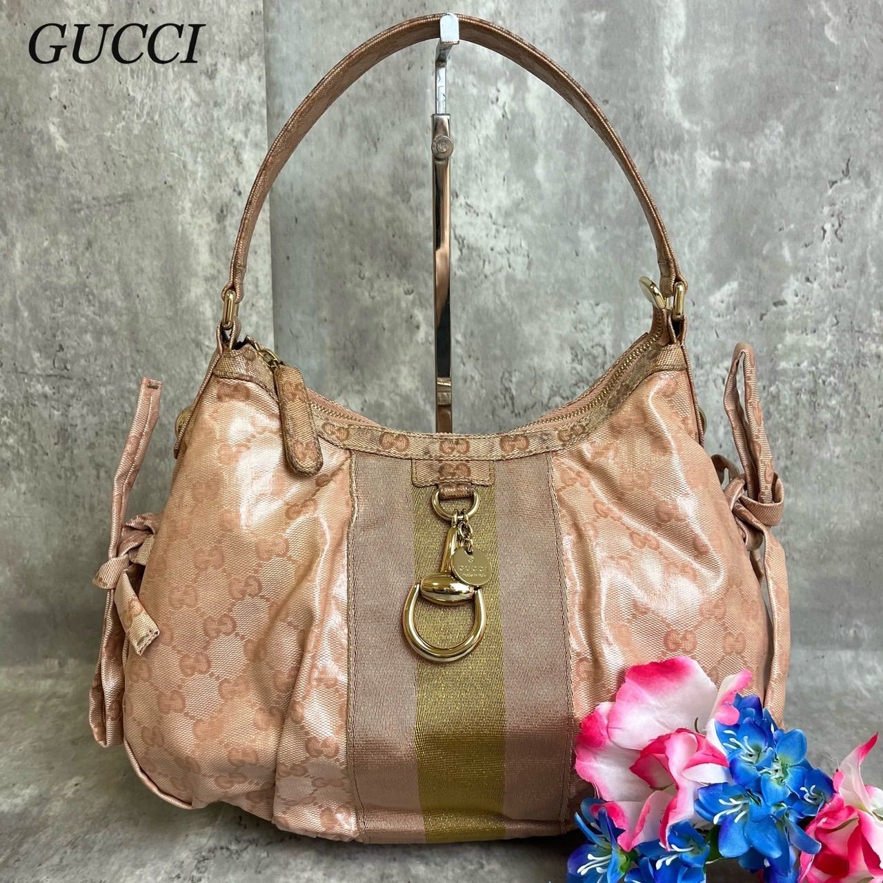 ✨良品✨ GUCCI グッチ ワンショルダーバッグ トートバッグ シェリーライン GG柄 クリスタル リボン アビー D金具 ゴールド金具肩掛け キャンバス  レザー コーティング レディース ピンク 桃色 - メルカリ