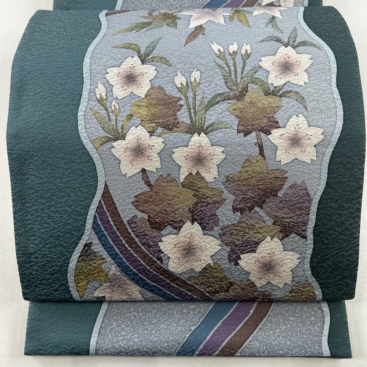 袋帯 名品 桜 楓 銀通し 青灰色 お太鼓柄 正絹