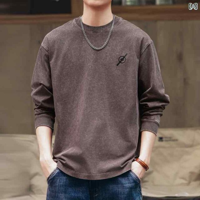 [3XL  ]メンズ ファッション 服  オシャレ シンプル 大人 かっこいい 大きいサイズ ストリート 紳士服  アメリカン レトロ プリント 長袖 T シャツ 秋 ウォッシュ フライド スノーフレーク ダメ