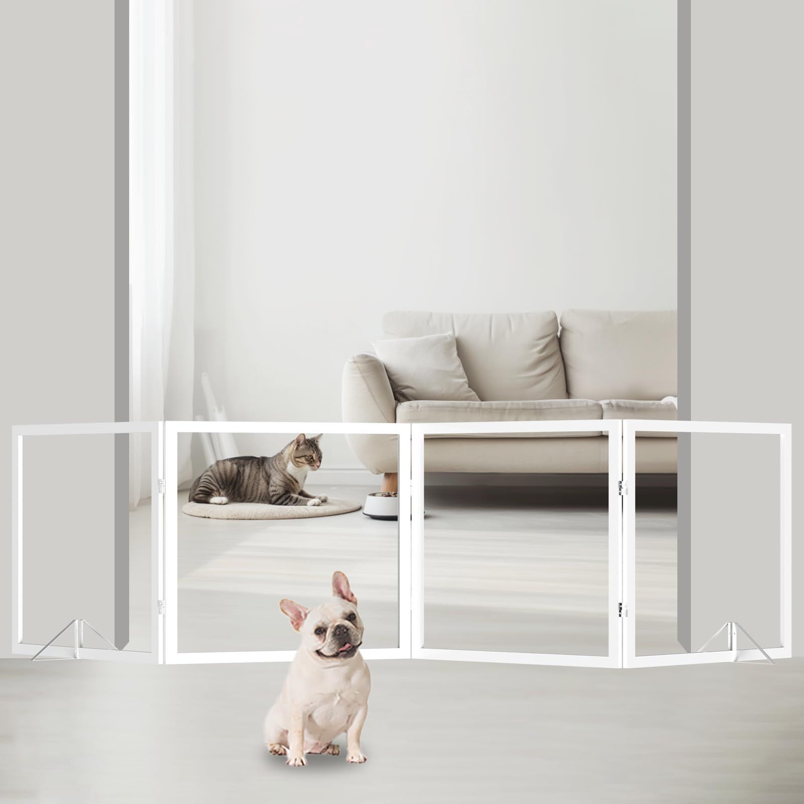 Model W375_Size 高さ62.5cm 250CM Qonimm 犬フェンス ペットフェンス ペットゲート ベビーゲート 置くだけゲート 自立型ゲート 高さ62.5cm 四枚セット 長さ250cm ロングゲート アクリルゲート 透明ゲート 折りたたみ