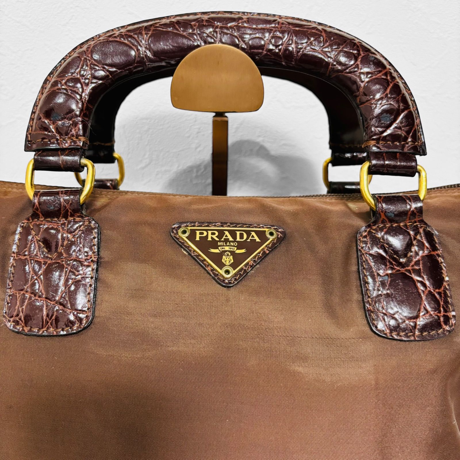 プラダ バッグ 三角ロゴ パドロック ナイロン レザー クロコ型押し