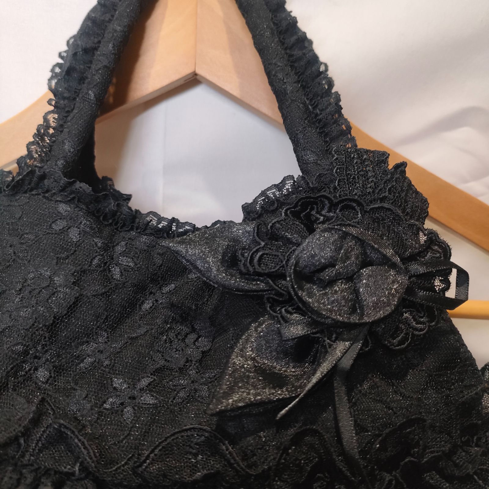 4【美品】レース ミニバッグ 花柄 ミニボストンバッグ 姫系 ブラック 