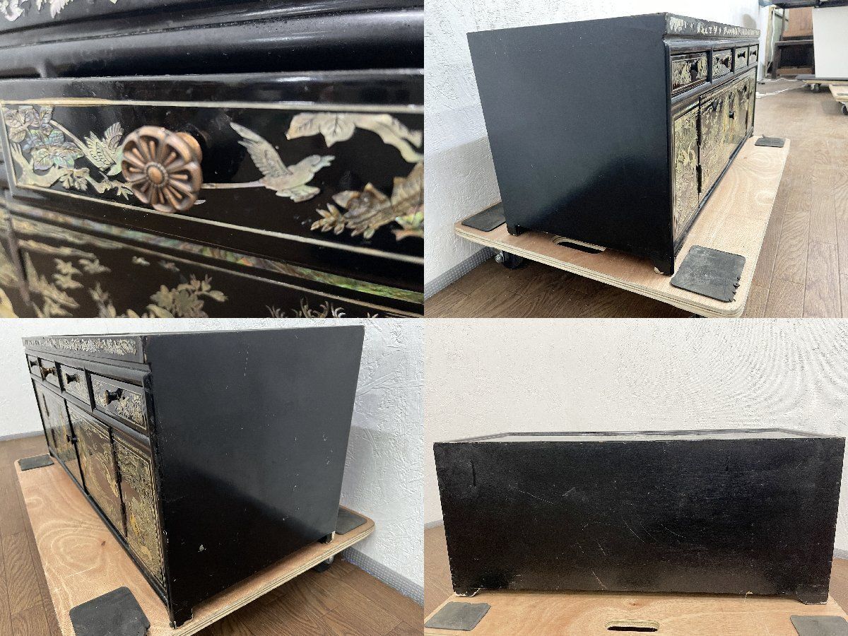 螺鈿細工 箪笥 両開き 黒漆 収納家具 サイドボード アンティーク 貝細工 孔雀 伝統 中国美術 ローボード 貝1266 MARWIL-DEMENAGEMENTS_CH
